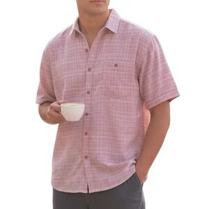 L Bruno Sueded Men's Pink Plaid Short Sleeve Shirt